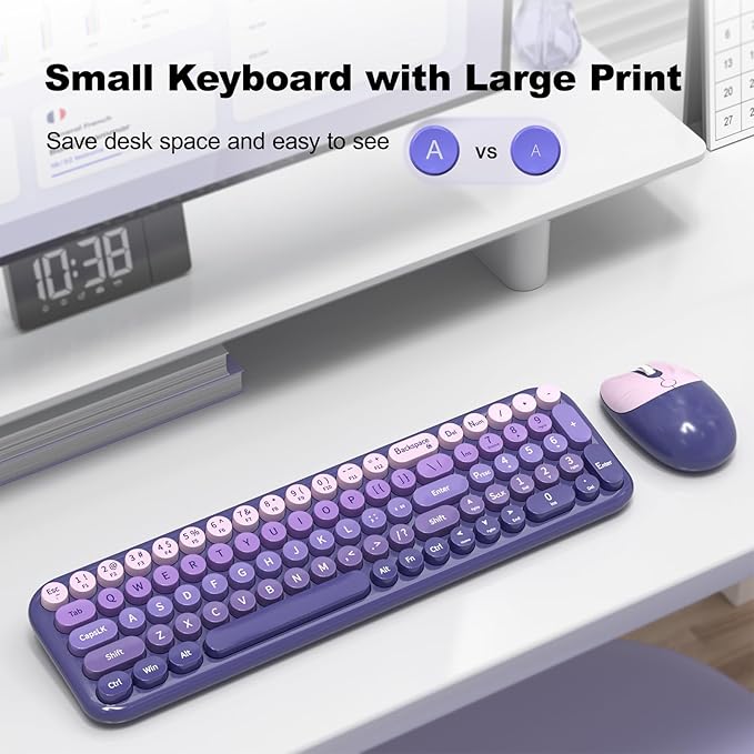 Wireless Keyboard and Mouse Combo MOWUX Compact Typewriter Retro Round Computer Keyboard Cute Optical Mouse Wireless Plug and Play for Laptop PC Computer- Purple Gradient