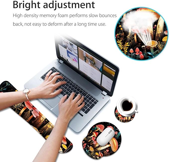Keyboard Wrist Rest and Mouse Pad Wrist Support Set with CoasterComfortable for Easy TypingPain ReliefMemory Foam Keyboard Pad Set for Laptop MacCute Mushrooms