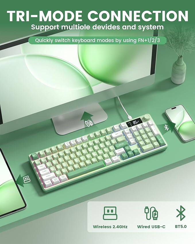 Keymatic Gaming Keyboard Wireless Creamy Keyboard with Media Knob &amp Screen Cute Keyboard Mechanical Feeling Membrane Keyboard with Number Pad RGB Backlit Tri-Mode BT/2.4GHz/USB-C - Green
