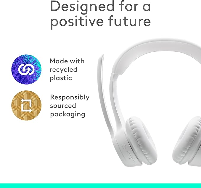 Logitech Zone 300 Wireless Bluetooth Headset with Noise-Canceling Microphone Compatible with Windows Mac Chrome Linux iOS iPadOS Android – Off-White