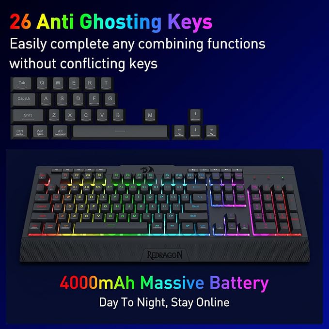 Redragon K525 PRO RGB 3-Mode Wireless Membrane Gaming Keyboard with Multimedia Keys Linear Mechanical-Feel Switch 4 Extra On-Board Macro Keys Dedicated Media Control Ergonomic Wrist Rest