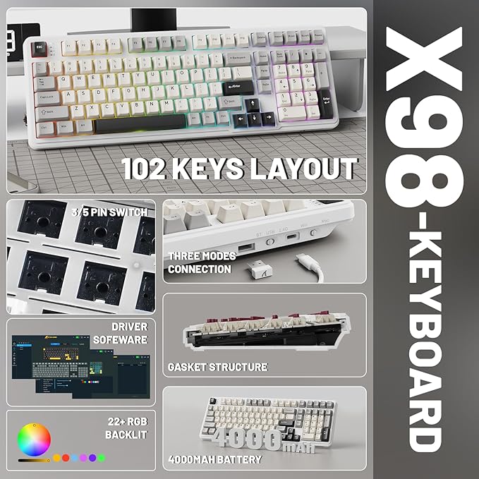 MAMBASNAKE Attack Shark X98 Wireless Mechanical Keyboard with NumpadGasket Mount Hot-Swap Pre-lubed Linear SwitchBT 5.0/2.4G/WiredRGB Backlit Computer Gaming Keyboards for PC/Tablet/PS5/Xbox-White
