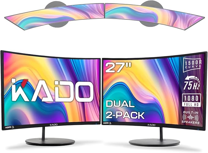 Kado Dual Monitor Setup - 2-Pack 27 Curved 1920x1080 Computer Monitor 1500R 75Hz VESA Mount HDMI Office Gaming Hybrid Built-in Speakers (C27X Dual Series)