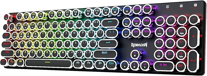 Redragon Typewriter Keyboard Wireless Mechanical Gaming Keyboard Bluetooth/2.4Ghz/Wired RGB LED Backlit Rechargeable Blue Switch - Clicky Solid Metal Panel Round Keycaps Black