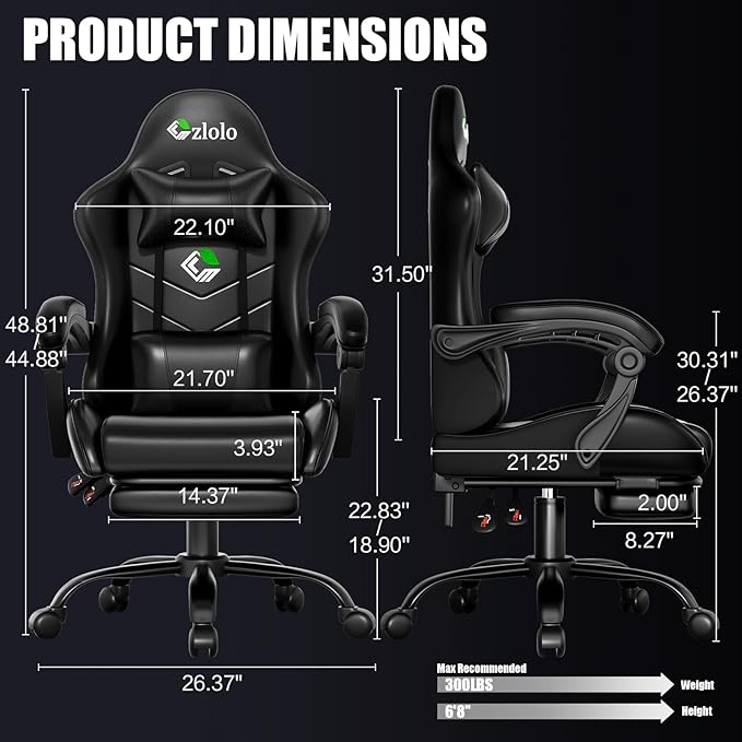 Gaming Chair Ergonomic Office Computer Chair with Footrest and Lumbar Support Massager Racing Style High Back Video Gamer Chair Wide＆Thick Cushion 90°-135° Recline Adjustable Height Black