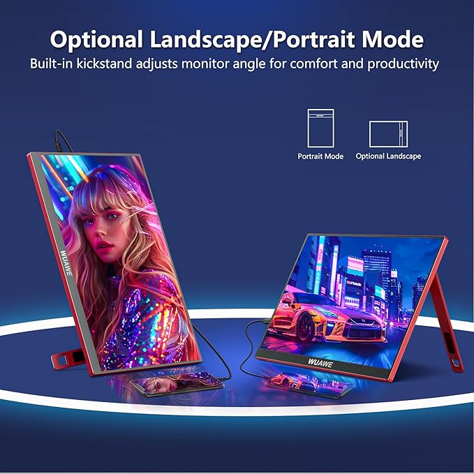 WUAWE Portable Monitor 16 inch Gift for Girls 1920x1200P FHD 100% sRGB for Drawing &amp Design USB C HDMI External Screen Ultra-Thin Metal for Laptop/Mac/Phone/Xbox/PS5(Red)