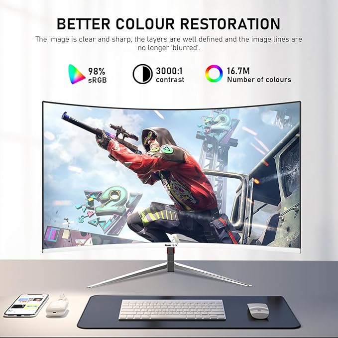 Gawfolk 27 Inch PC Computer Screen1800R Curved Gaming 180Hz Monitors FHD1080p 1ms Without Bezel freesync 98% sRGB178 ° Angle View HDMI DisplayPort Compatible with Wall-Mounted100*100MM-White
