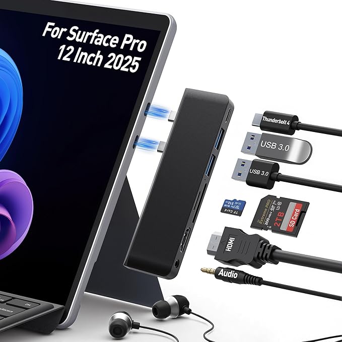 Surface Pro 12 Docking Station Surface Pro 12 Accessories with 4K HDMI Thunerbolt 4 Hub (4K@60Hz Display+ 40Gbps Data+ 100W Charging) 2 USB3.0 SD/TF 3.5mm Audio for Surface Pro 12 inch 2025