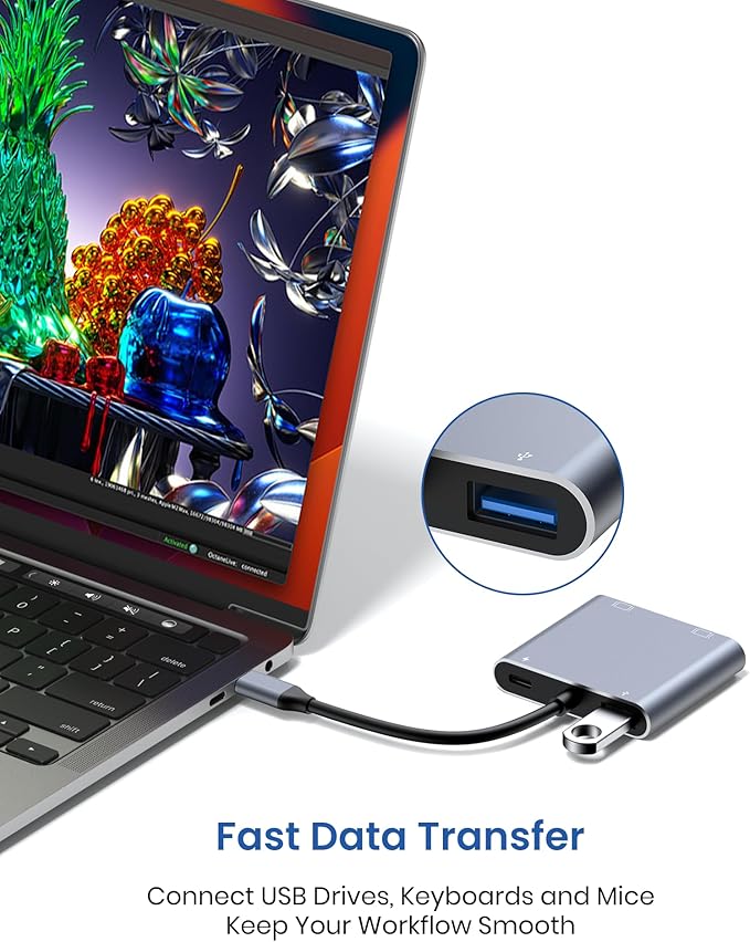 USB C to Dual HDMI Adapter 4K@60Hz HDMI Splitter for Dual Monitors Extended Display 100W PD Charging USB-A Port Windows Supports Multi-Monitor with 3 Screens macOS Limited to Mirror Mode