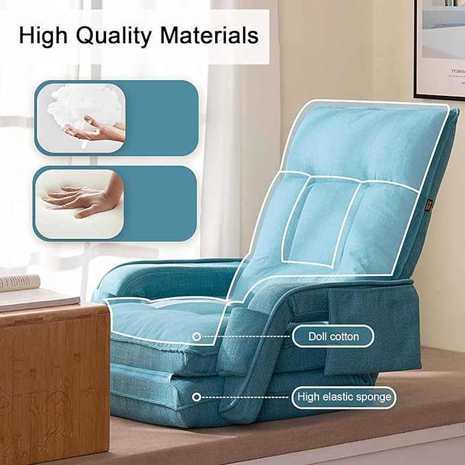 Folding Chaise Lounge Chair with Armrest 6 Adjustable Positions Indoor Floor Chair for Living Room Bedroom BalconyComfy Gaming Recliner Chair Padded Seats for Adults (Blue)