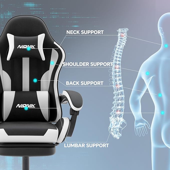 Gaming Chair Ergonomic Computer Chair with Footrest and Lumbar Support Height Adjustable Game Chair with 360°-Swivel Seat and Headrest and for Office or Gaming Blackwhite