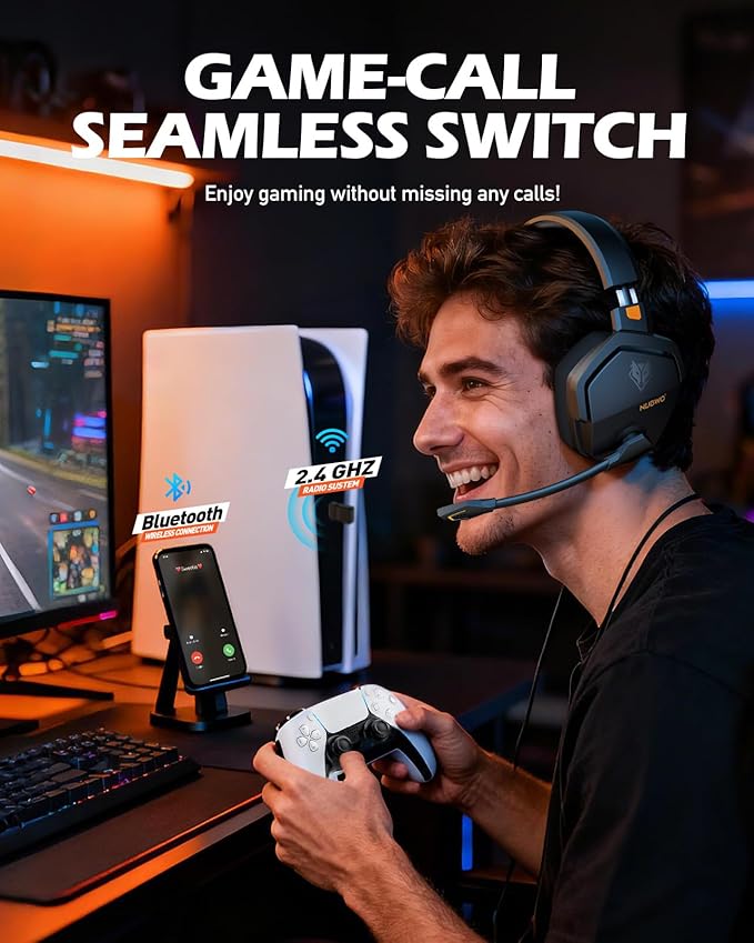 NUBWO Wireless Gaming Headset with Mic for Ps5 Ps4 PC Zero Interference 100-Hour Battery All-Day Play 23ms Sync for Fortnite &amp Call of Duty/FPS Gamers Triple Mode All Devices Compatible - Ora