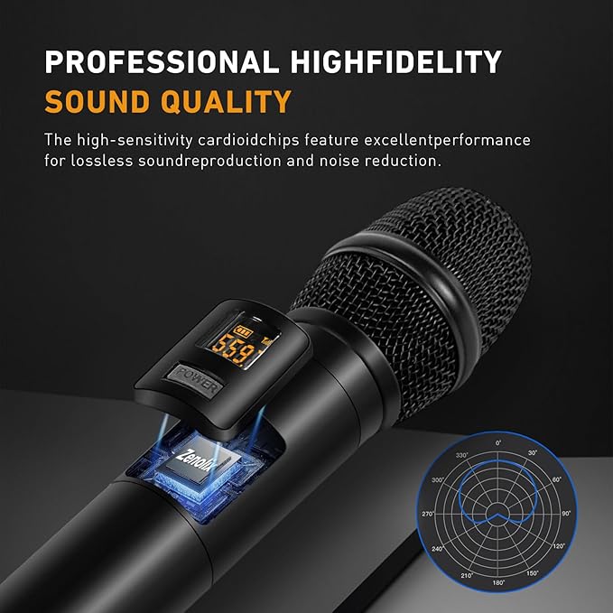 UM206 2 Channel Wireless Microphone System with Dynamic Mics 200ft Range UHF Frequencies Dual Wireless Handheld Mics for Karaoke Singing DJ Stage Church and Recording