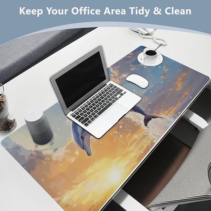 Mouse Pad Desk Mat Leather Desk Pad Large Gaming Desk Cover Protector Mat for Keyboard Computer Laptop Office Waterproof 47.2 x 23.6 Inch Dolphin Jumping Sunset Blue