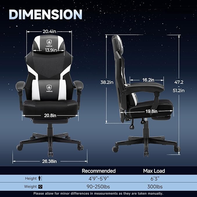 Ergonomic Mesh Video Gaming Chair with Footrest Height Adjustable Computer Chair with Lumbar Support High-Back Breathable Reclining Swivel Chair for Adults Home Office &amp Work (White)
