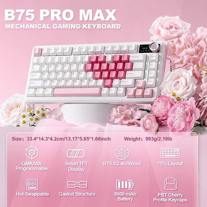 YUNZII B75 PRO MAX QMK/VIA Wireless Mechanical Keyboard75% Layout with Screen and KnobHot Swap GasketCreamy Pre-lubed SwitchesBluetooth/Type-C/2.4G for Win/Mac(White HeartCocoa Cream V2 Switch)