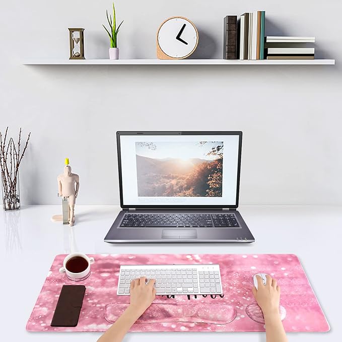 DINKY Keyboard Mouse Pad Set Large Gaming Mousepad + Memory Foam Ergonomic Keyboard Wrist Rest Support Easy Typing Pain Relief 4Pcs (35.4 x 15.7) Extended Desk Mat -Pink Glitter Letters