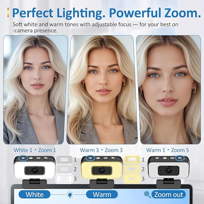 2K Webcam for Laptop Computer Camera with Light for PC/Desktop/Mac [Light Your Face Free Your Space] USB Webcam with Auto Anti-Disturb Backlight Zoom &amp Flip Privacy Cover Microphone