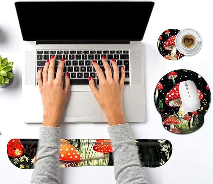 Keyboard Wrist Rest and Mouse Pad Wrist Support Set with CoastersErgonomic Gaming Mousepad for Home Office Working Studying Easy Typing &amp Pain ReliefCute Forest Mushroom