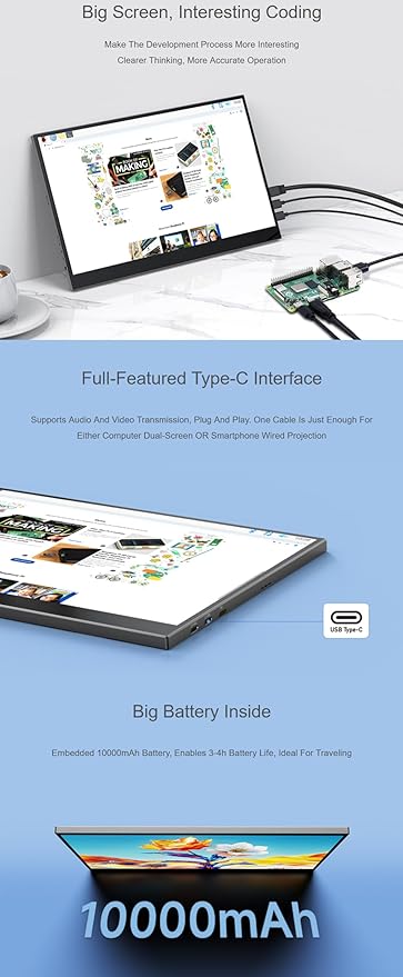 15.6inch Capacitive Touch Monitor for Raspberry Pi 5/4B/3B/Zero/Zero W/Zero 2W/Pico/Pico Supports Windows 11/10/8.1/8/7 Type-C/mini HDMI Interface 15.6inch FHD Monitor (C)