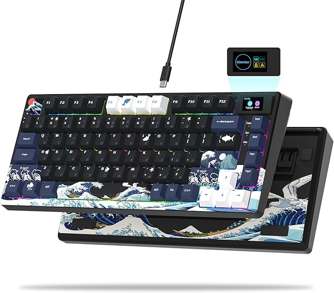 Womier SK80 75% Keyboard with Color Multimedia Display Mechanical Gaming Keyboard Creamy Sound Wired Hot Swappable Gasket Mount RGB Custom Key Board Pre-lubed Stabilizer for Mac/Win Black Kanagawa