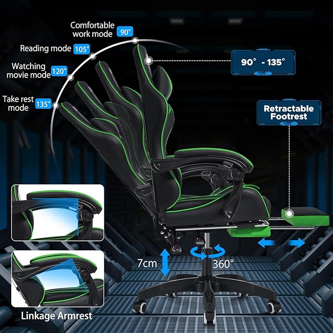 HOFFREE Massage Gaming Chair for Kids Computer Gamer Chair with Footrest and Lumbar Support Reclining PC Game Chair with Headrest for Gaming Room Green and Black