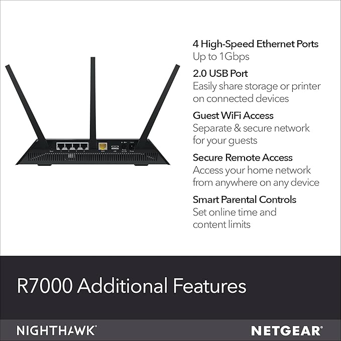 NETGEAR Nighthawk AC1900 Dual Band WiFi Router Gigabit Router Open Source Support Circle with Disney Smart Parental Controls Compatible with Amazon Alexa (R7000) (Certified Refurbished)