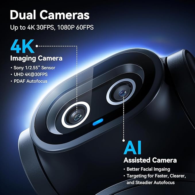 EMEET PIXY Dual-Camera AI-Powered PTZ Camera 4K with Tripod AI Tracking PDAF&ampAI Autofocus 0.2s 1/2.55'' Sony Sensor 3 Mics Presets 4K Webcam for Streaming OBS/Twitch/Switch 2 Compatible