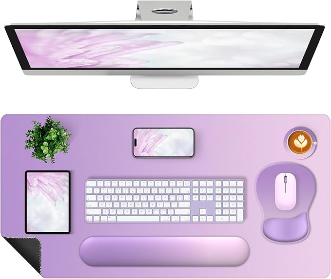 4-in-1 Large Gaming Mouse Pad Keyboard Wrist Rest Pad &amp Wrist Support Mousepad Set Extended Desk Pad Waterproof Desk Mat for Home Office Decor Study Game 35.4×15.7 Inches I Purple Pink Lavender