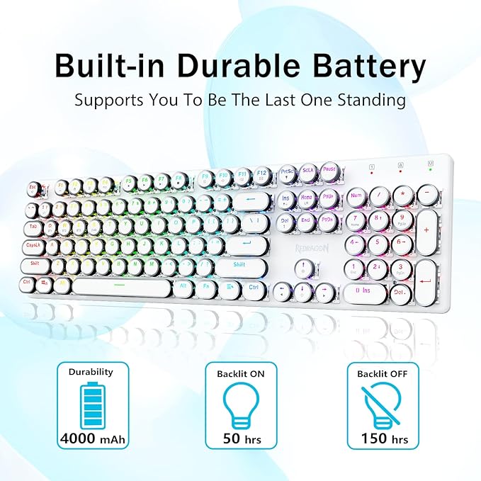 Redragon K710 Wireless Typewriter Mechanical Gaming Keyboard Bluetooth/2.4Ghz/Wired RGB LED Backlit Blue Switch - Clicky Rechargeable Solid Metal Panel Round Keycaps White