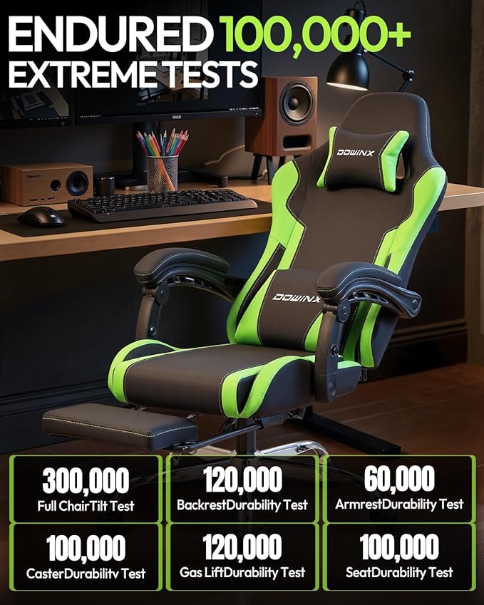 Dowinx Ergonomic Gaming Chair with Footrest &amp Massage Lumbar 2D-Linkage Armrests for Computer Chair 330lbs with Headrest Pillow for Office Home Streaming and Long Gaming Sessions Green