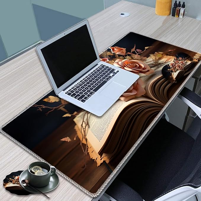 Large Game Mouse Pad + Wrist Support Pad + Coffee Coaster Desk Pad with Sewn Edges Anti-Slip Set pad Suitable for Office Work and Home - Flower Book