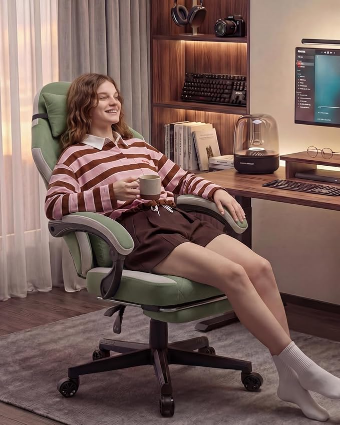 Dowinx Fabric Gaming Chair Computer Office Chair with Pocket Spring Cushions and Lumbar Support Ergonomic Massage Gaming Chairs with Footrest for Big and Tall Green