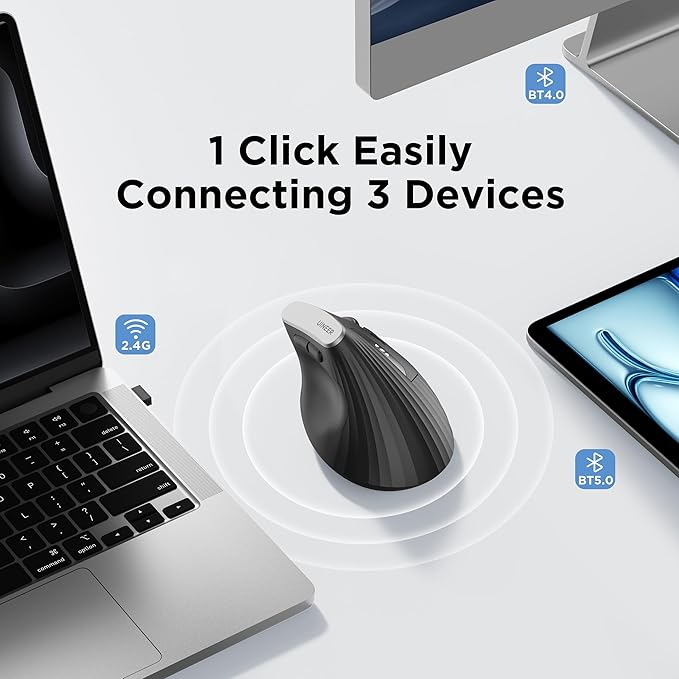 Uineer Wireless Ergonomic Mouse Bluetooth Mice (BT4.0/5.0 and 2.4G) Rechargeable Vertical Mouse 3 Multi-Device Connectivity for Computer/PC/Mac/Laptop Quiet Clicks for Office Gaming Home Black