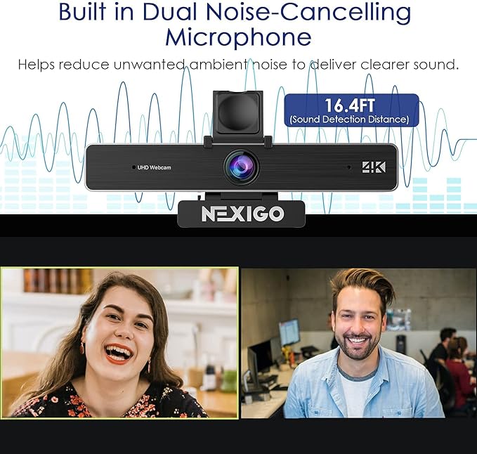 NexiGo Zoom Certified N950P Pro 4K Zoomable Webcam with Remote and Software Control Sony Starvis Sensor 5X Digital Zoom Web Camera with Dual Stereo Mics (Renewed)