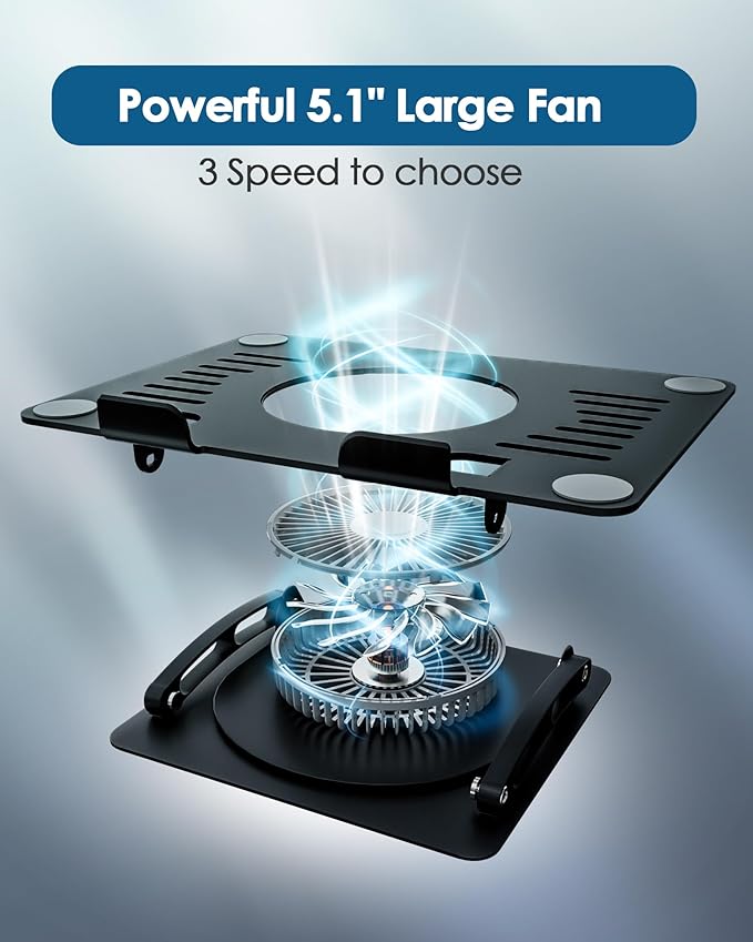 SHUWEI Gaming Laptop Cooling Pad with 360° Rotation Base Ergonimic Aluminum Laptop Cooling Stand with 3 Speed Fan Adjustable Height Laptop Cooling Pad for 10-17.3'' Notebook - Silver