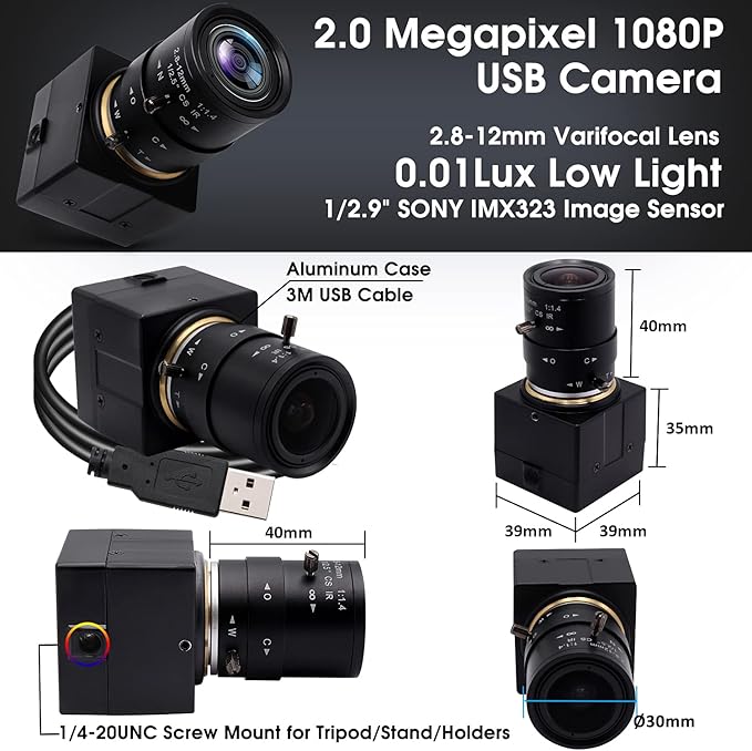 SVPRO USB Camera 1080P HD Webcam with Zoom Lens 2.8-12mmManual Focus Web Cam for ComputerH.264 Low Light Camera with Sony IMX323 Sensor for Streaming/Video Conference/Studio