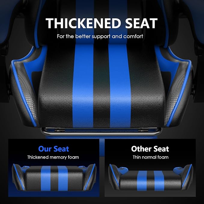Huracan Gaming Chair with Footrest Adjustable Video Game Computer Chairs for Adults Reclining Backrest Office Desk Chair with Headrest and Lumba Pillow Blue