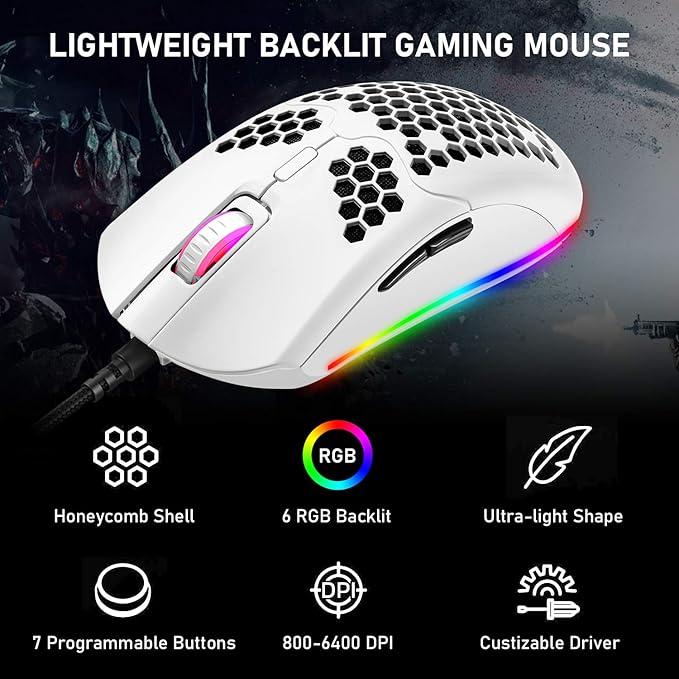 LexonElec K2 Mechanical Gaming KeyboardBlue Switch Mini 82 Keys Wired Rainbow LED Backlit KeyboardLightweight Gaming Mouse DPI Honeycomb Optical for MAC PC Gamers(White)