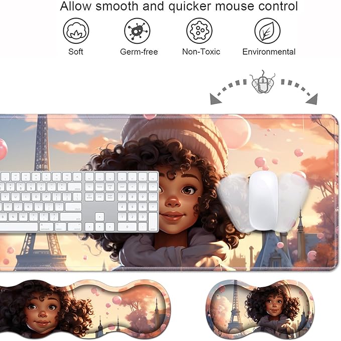 Ergonomic Keyboard Wrist Rest &amp Mouse Pad Wrist Rest Set Large XXL Gaming Desk Mat 31.5x 11.8 with Memory Foam Easy Typing Pain Relief for Office &amp Home Cute African American Girl