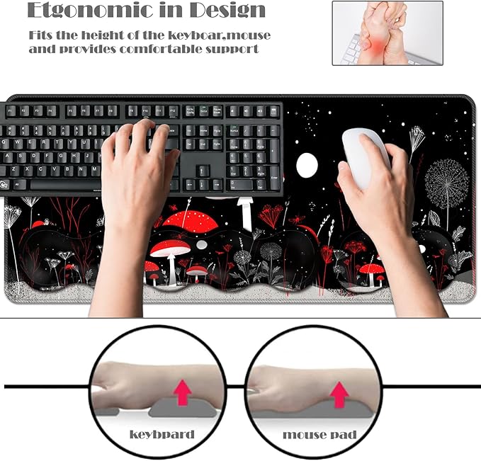 Ergonomic Keyboard Wrist Rest &amp Mouse Pad Wrist Rest SetXL Gaming Desk Mat 31.5x 11.8Non-Slip BaseMemory FoamEasy Typing Pain Relief for Office &amp HomeMagic Mushroom Garden