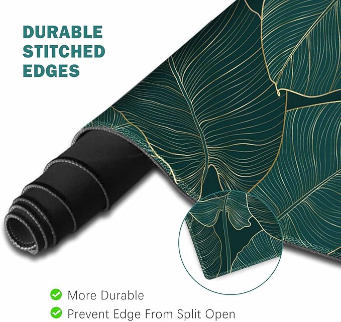 ToLuLu Extended Gaming Mouse Pad Memory Foam Ergonomic Keyboard Mouse Wrist Rest Support Set Large Desk Mat with Stitched Edges Non-Slip Base Mousepad for Home Office Game Green Golden Leaves