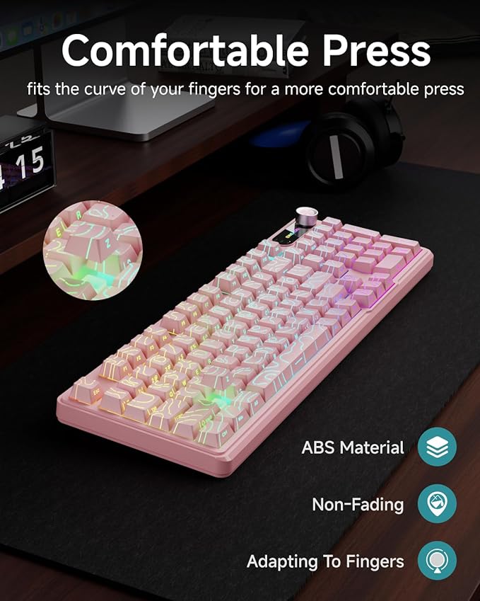 V102 Wired Keyboard 98 Keys Creamy Gaming Keyboard with Number Pad Display Screen &amp Media Knob RGB Silent Wired Cute Computer Keyboard for Laptop PC Gamer - Light Pink
