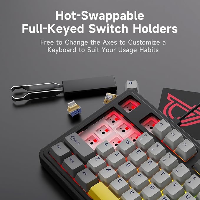NACODEX AK980 Wired Mechanical Gaming Keyboard 98% Gasket Hot Swappable Keyboard with RGB Backlit PBT Keycaps Five-Layer Padding 101 Keys Gaming Keyboard Gray White Yellow