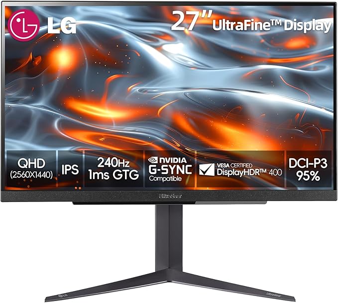 LG 27 inch Ultragear QHD (2560x1440) IPS Gaming Monitor 240Hz 1ms G-Sync AMD FreeSync Premium 100% sRGB HDR400 1 x DisplayPort 2 x HDMI 4-Pole HP Out DTS GP:X Tilt/Height/Pivot Stand Black