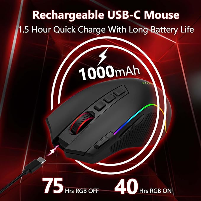 Premium Wireless Bluetooth Versatile Mouse8000 DPI6 RGB BacklitUSB C RechargeableErgonomic2.4G/BT/WiredRapid Fire Key75-Hour Power CapacityIdeal For Gaming/Office/Home/PC Computer/Laptop/Mac