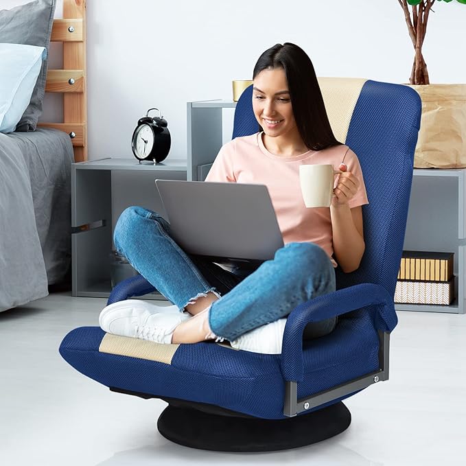 S AFSTAR Floor Gaming Chair Swivel Foldable Chair with Armrest &amp 6-Position Adjustable Backrest Folding Rocker for TV Reading &amp Home Office (Blue)