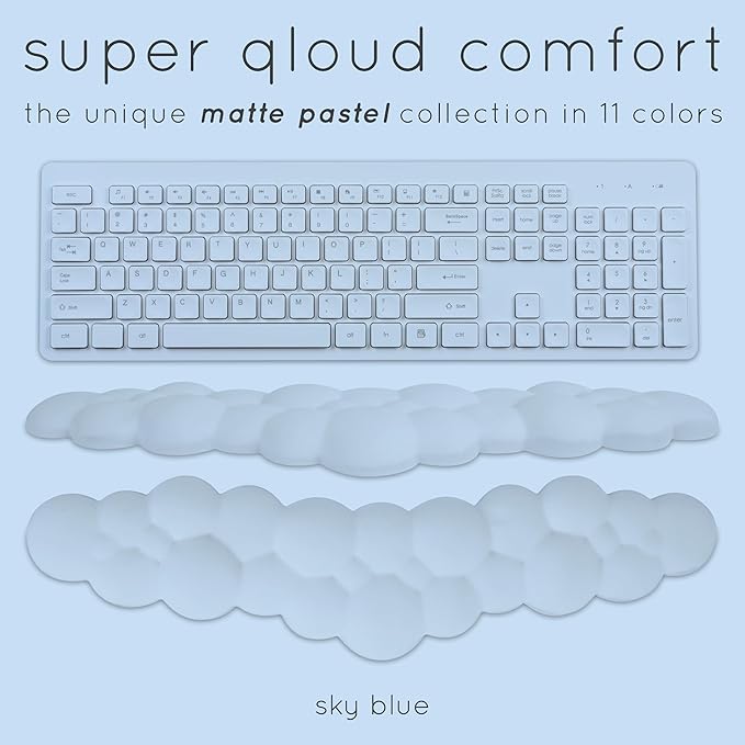 Qloud Cloud Wrist Rest Keyboard Wrist Rest for Computer Keyboard Pad Cloud Keyboard Wrist Rest Wrist Pad for Keyboard Memory Foam Non Slip Base Comes with Mouse Pad - Light Blue