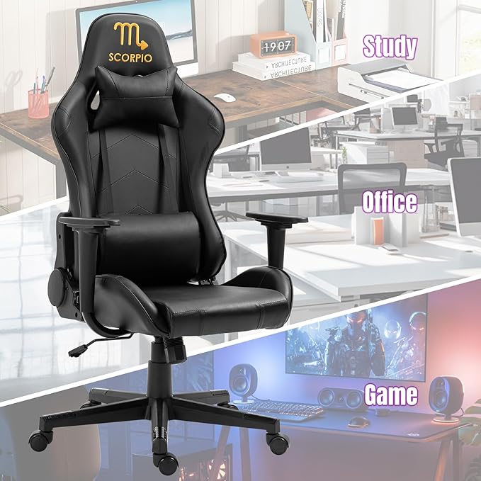 DIKEP Gaming Chair with Headrest and Lumbar Support Height Adjustable Swivel Office Chair High-Back Recliner Black
