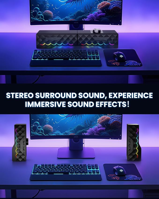 PC Speakers - 2 in 1 Detachable Computer Speakers with LED for Dynamic and Cool Gaming - Gaming Speakers with USB Cable for Desktop PC Monitor Laptop Gaming Equipment
